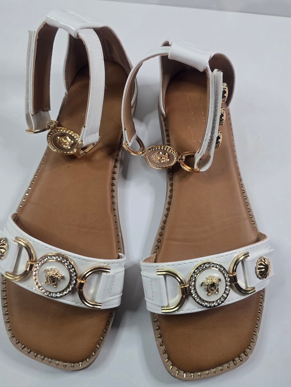 Rouge Helium White Sandals with Gold Medallions, 8M